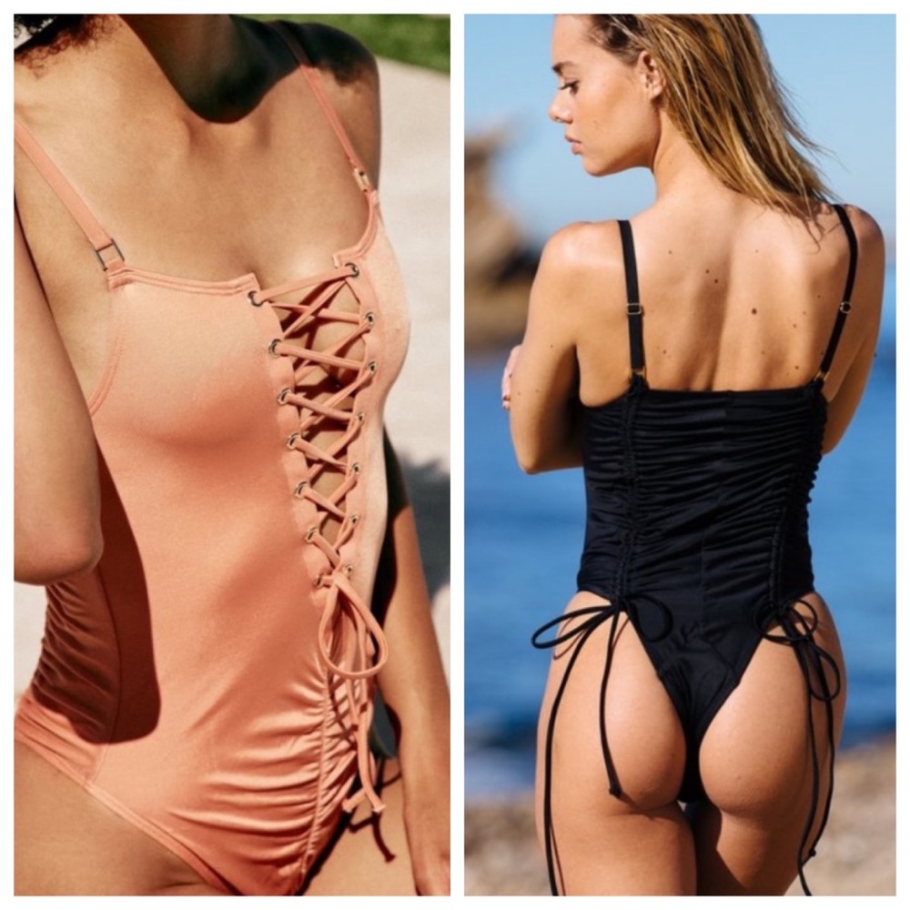 NWT HAH U Turn 1-way Lace-up Ruched Cheeky Swimsuit L